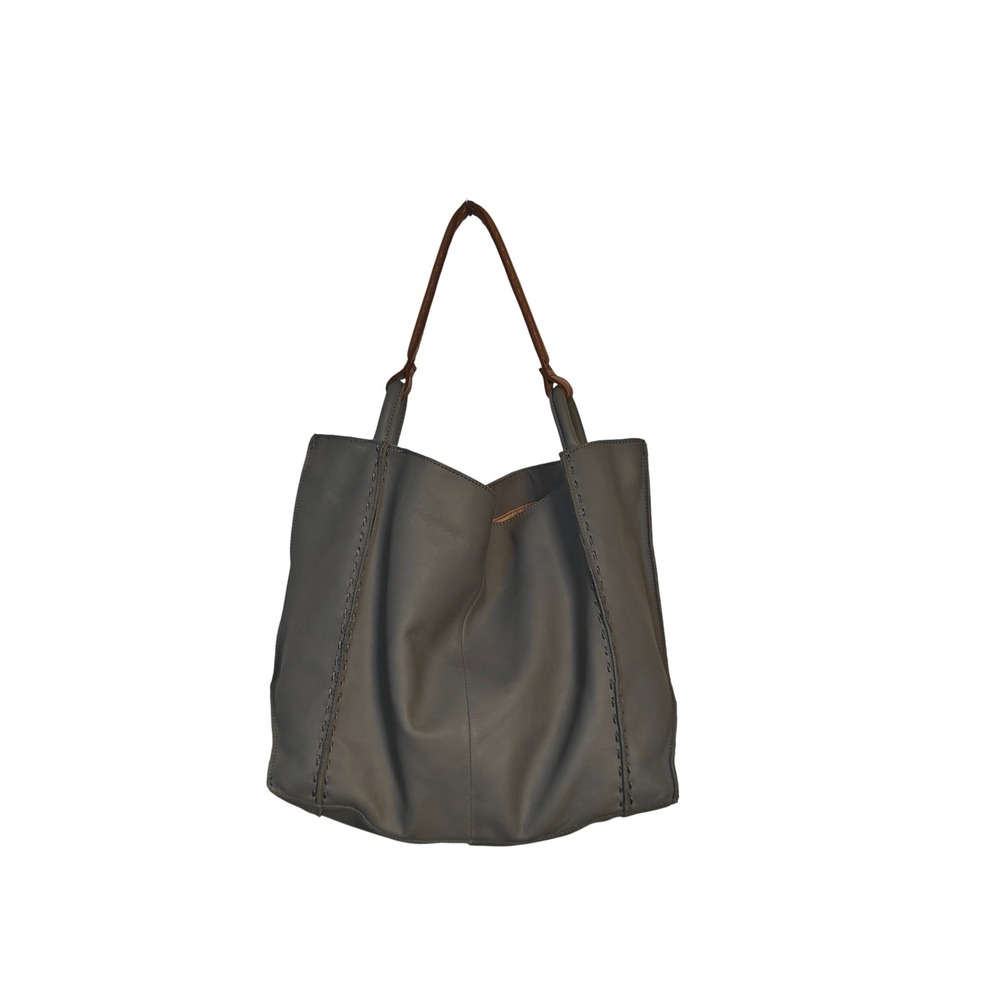 The Sak Grey Leather Tote Bag Whipstitch Hobo Shoulder Bag with Tassel Charm - Picture 2 of 8